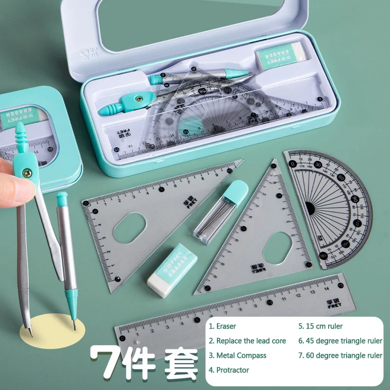 Drafting Set Mathematical Rulers Set Drawing Tool Set 7Pcs/lot Ruler Set Kawaii Geometric Drawing Eraser Kit Back To School Math Compass Set Office School Supplies Stationery