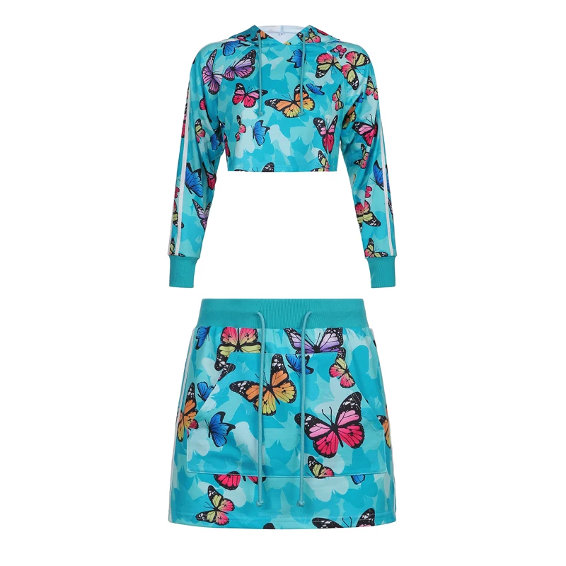 Butterfly Tie Dye Print Sweatshirts 2024 Autumn Casual Fashion Hoodies Two Piece Set Women Crop Tops Y2K Tracksuits Outfits Suit