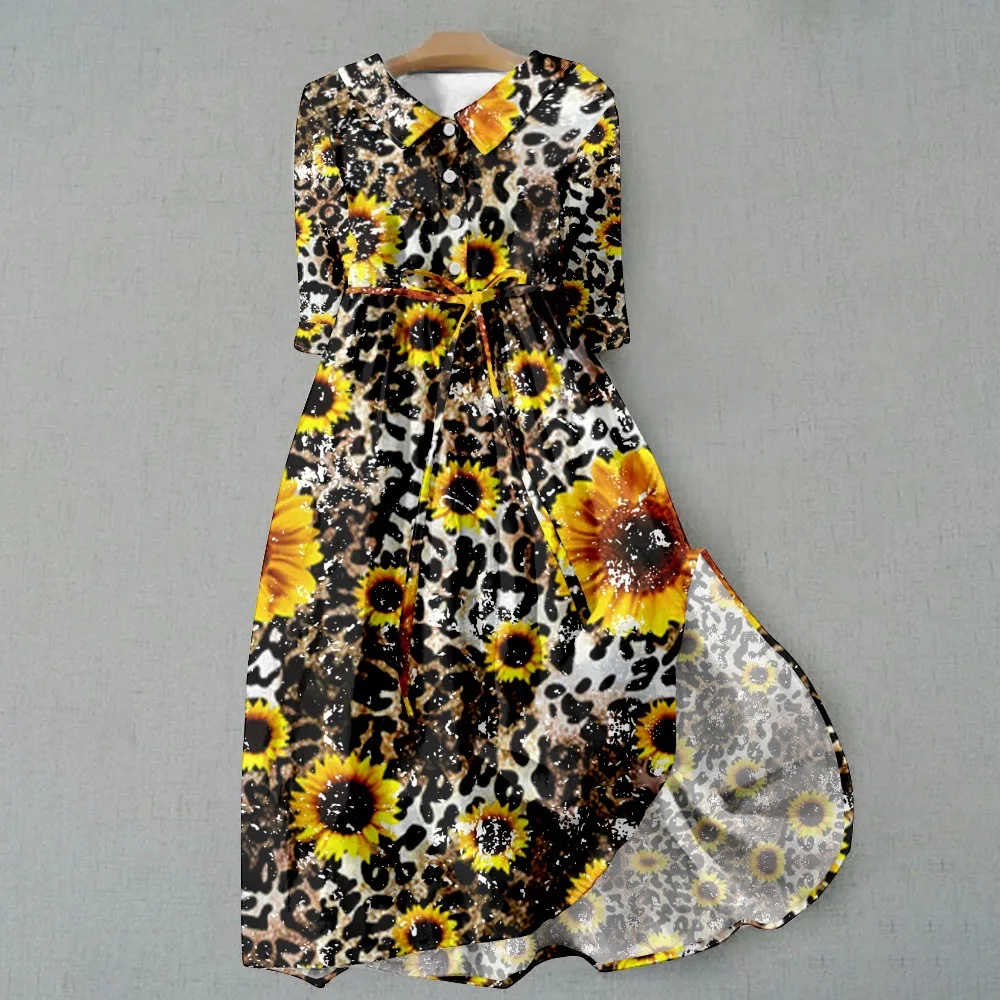 

Популярные Молодежные новые женские платья с 3D принтом подсолнуха, средний рукав с поясом, женское платье
