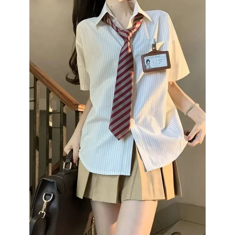 Japanese Style Striped Short Sleeved Jk Uniform Tie Women Summer Korean Chic Sailor Uniform Shirt Skirt School Clothes