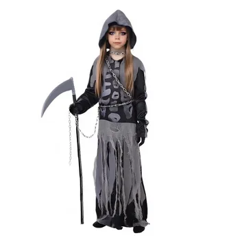 Girls Scary Skeleton Costume Grim Reaper Costume Kids Deluxe Costume Set Scythe Chain Soultaker Dress Up Halloween Rave Party
