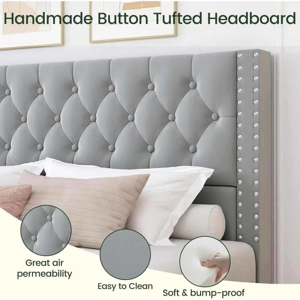 Storage and Tufted Headboard with 4 Drawers, Wood Slats Support, Easy Assembly, Noise-Free, Bed Bases & Frames 4