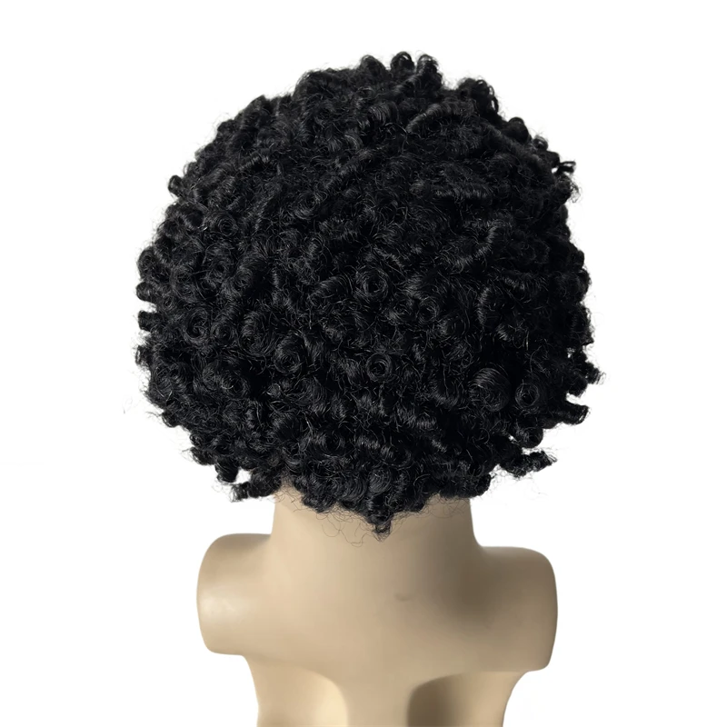 Mongolian Virgin Human Hair Hairpieces #1 Jet Black 15mm Afro Curl Toupee 8x10 Full Lace Unit for Black Men