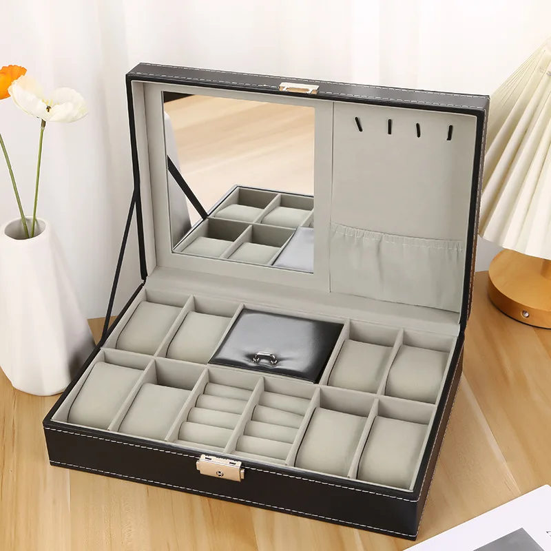 WellZone Large Capacity Multi-Functional PU Leather Watch Box Case Ring Jewelry Storage With Lock watch storage box watch storage bag watch storage pouch