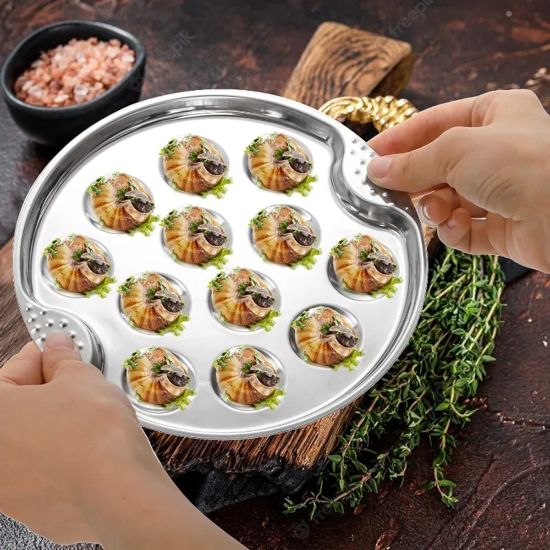 Stainless steel plates Stainless Steel Escargot Plates with 12 Compartment Holes with Escargot Tong Fork 8 Slots Oyster Grill Pan Center Slot
