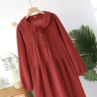 2026 New Spring and Autumn Women's Sleeping Skirt 100%Cotton Crepe Red Large Size Long Sleeve Home Sleeping Skirt Princess Skirt - Image 3