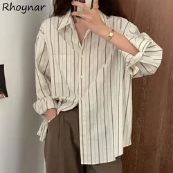 Long Sleeve Shirts Women Striped Casual All-match Retro Hong Kong Style Design Trendy Student Elegant Ulzzang Female Cozy Top