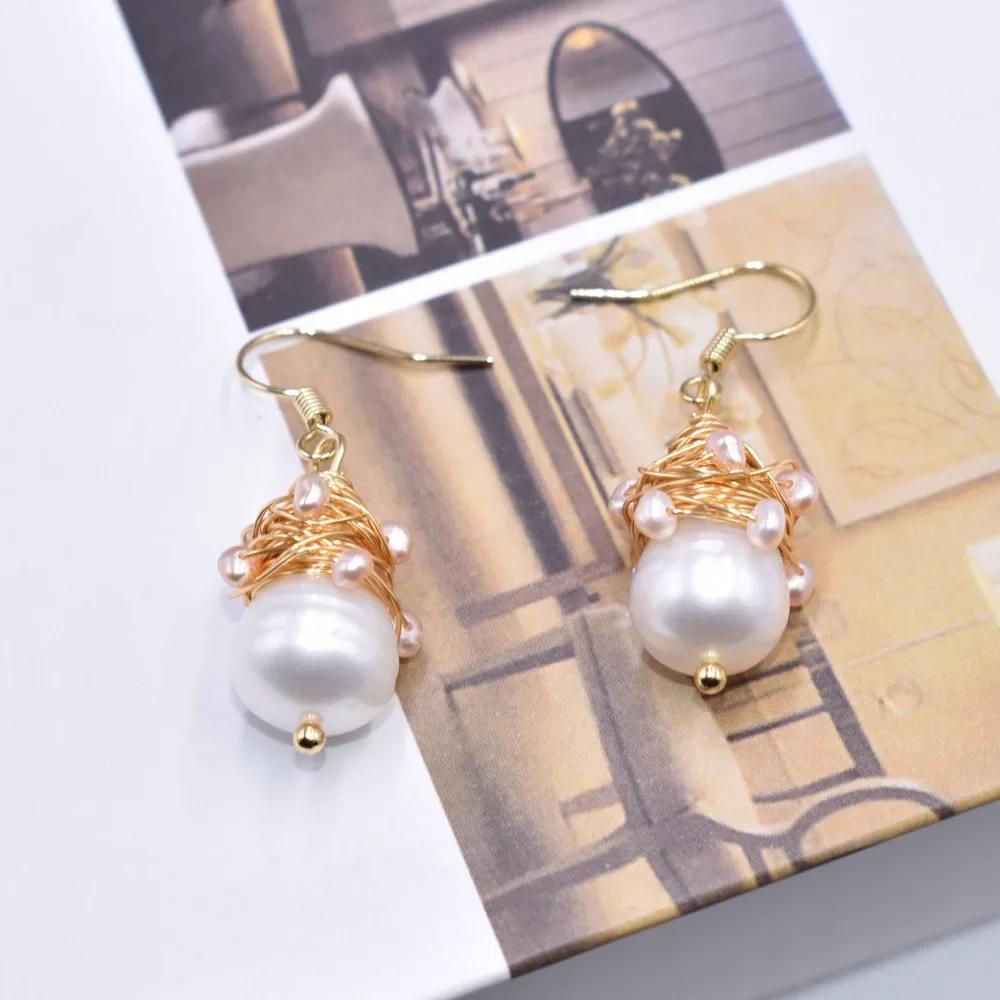 Gold Color Metal Fashion KoreanEarrings for Women Bridesmaid Wedding Jewelry Hand Winding Pearls Small Bead