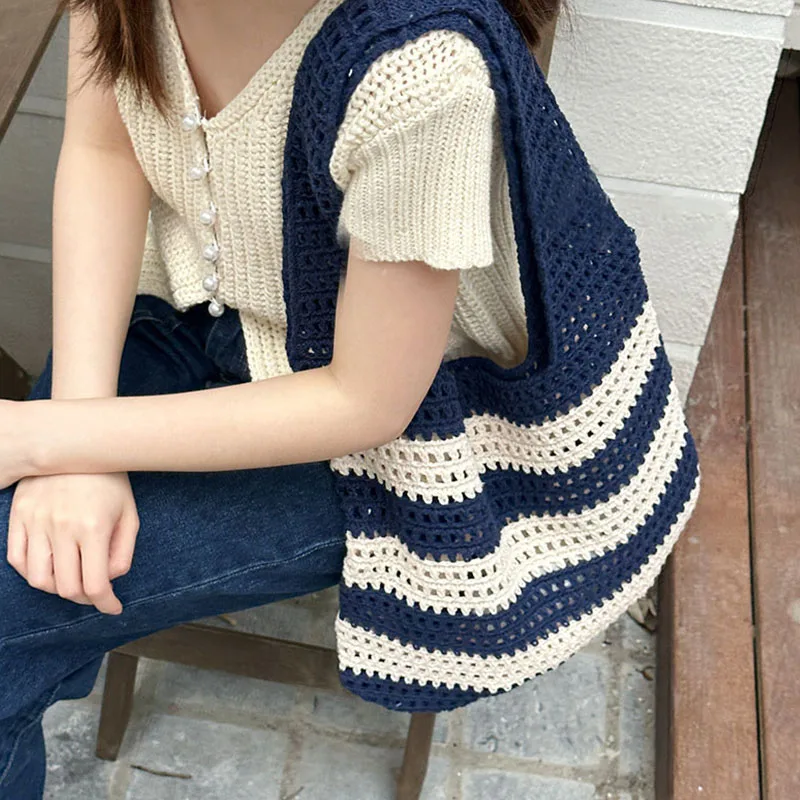 Women's Aesthetic Contrast Color Knitted Shoulder Bag Hollow out Stripe Tote Handbag Woven Female Knitting Fashion Accessory