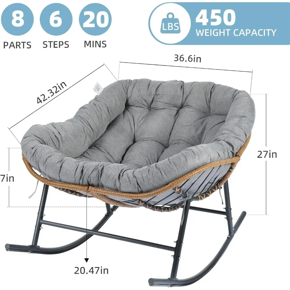 --NewOversized Patio Rocking Chair, Papasan Rocking Chair Indoor Outdoor Use, Lounge Chair with Cushion, Egg Rocker Chairs, C