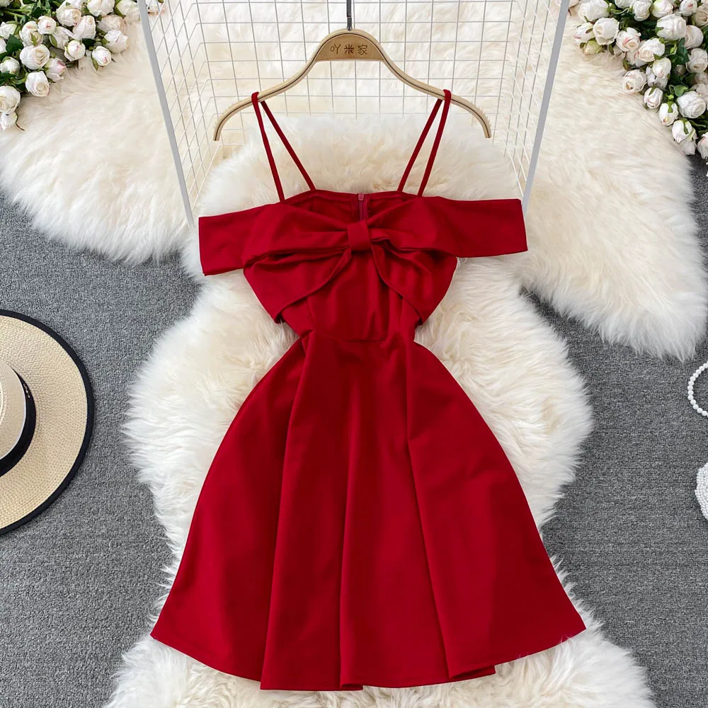 

2022 Spring Fashion Sexy Off Shoulder Suspender Dress French Bow Waist Slim Dress
