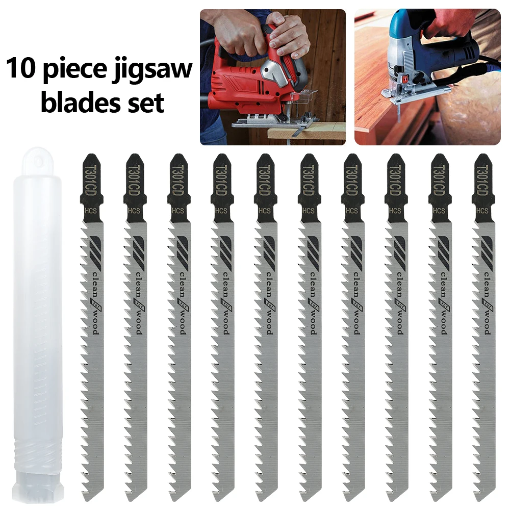 

10Pcs T301CD Jigsaw Blade Set T Shank Fast Down Cut Worktop Wood Cutting DIY Power Tool Accessories HCS Jigsaw Blades