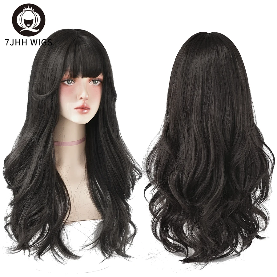 7JHH-Peluca de cabello largo y ondulado para mujer, cabellera sintética de Lolita con flequillo, rizos gruesos, color marrón ceniza, a la moda
