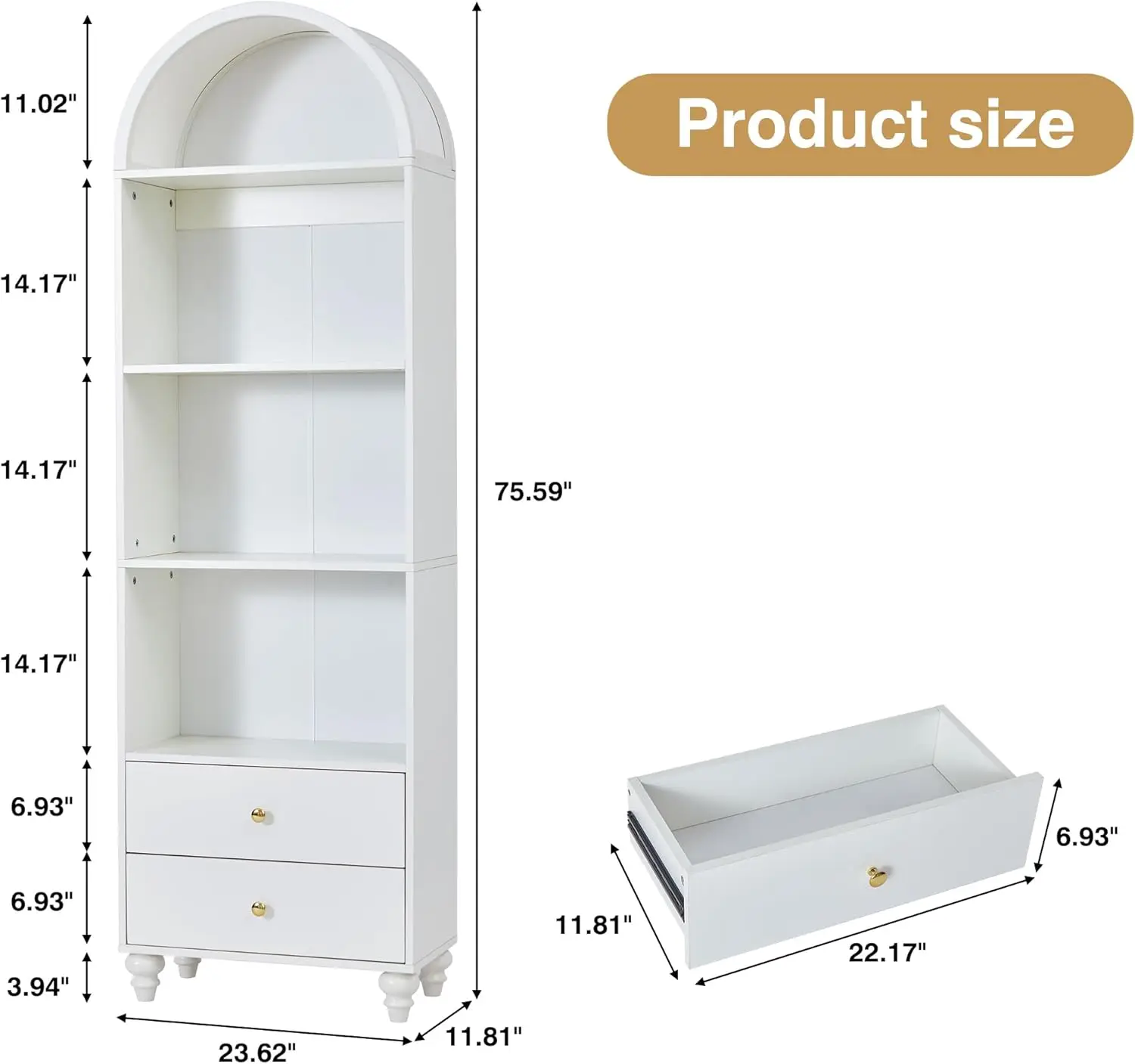 75.59" Tall Bookcase, 4 Tier Arched Bookshelf with 2 Drawers, Modern Book Display Storage Cabinet for Living Room, Bedroom 2
