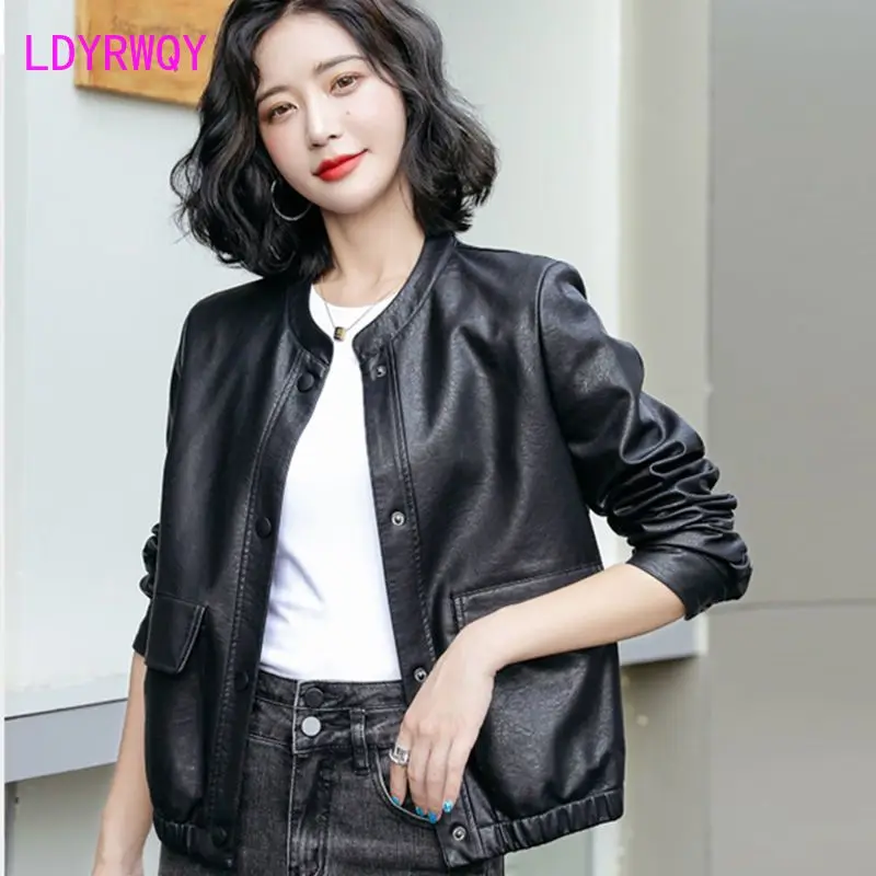 цена Standing Collar Leather Coat Women's 2023 Autumn New Korean Version Small Motorcycle Leather Jacket Women