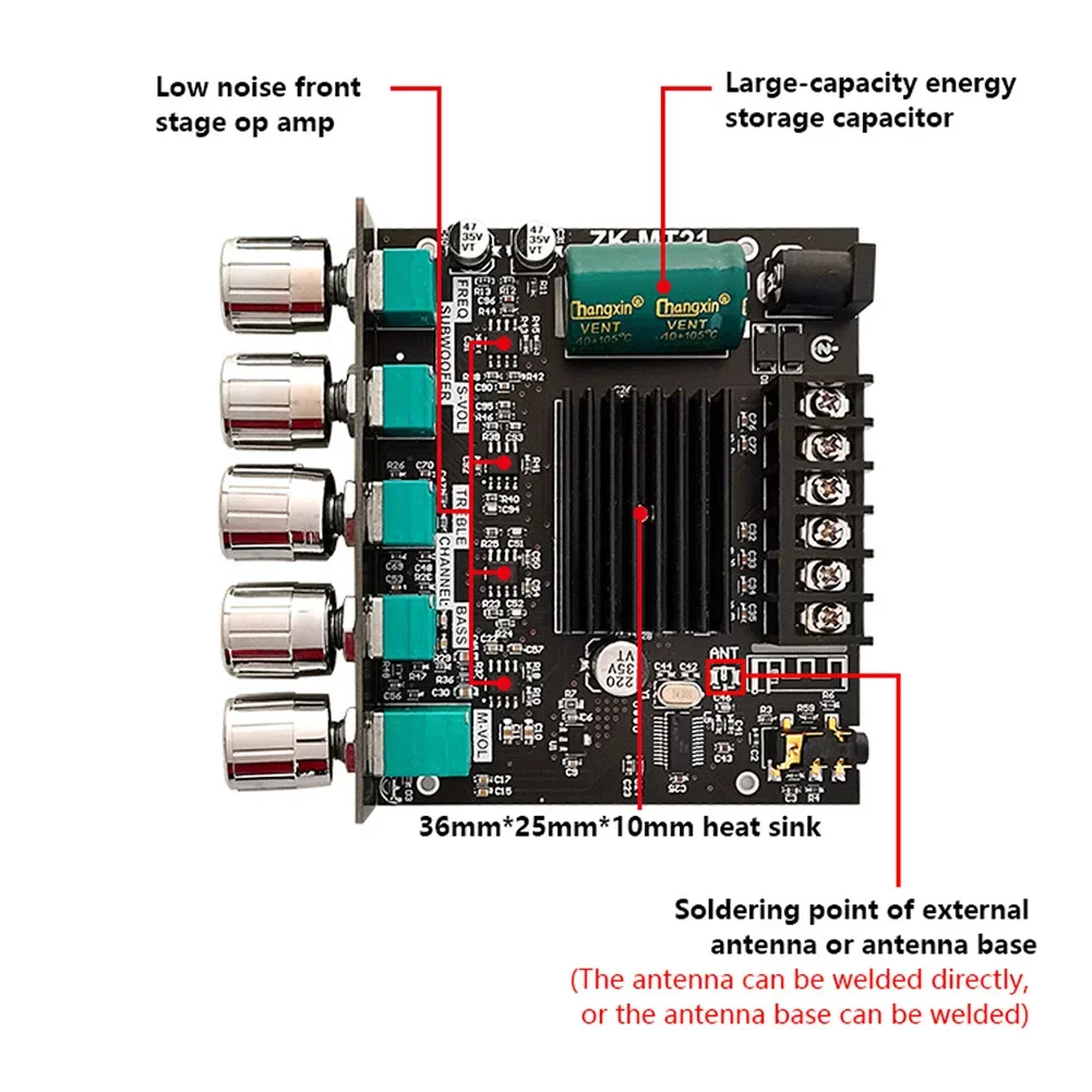 ZK-MT21 2.1 채널 BT5.0 서브우퍼 앰프 보드, 극장 오디오 스테레오 이퀄라이저, AUX 디지털 파워 서브우퍼 앰프, 2x50W + 100W