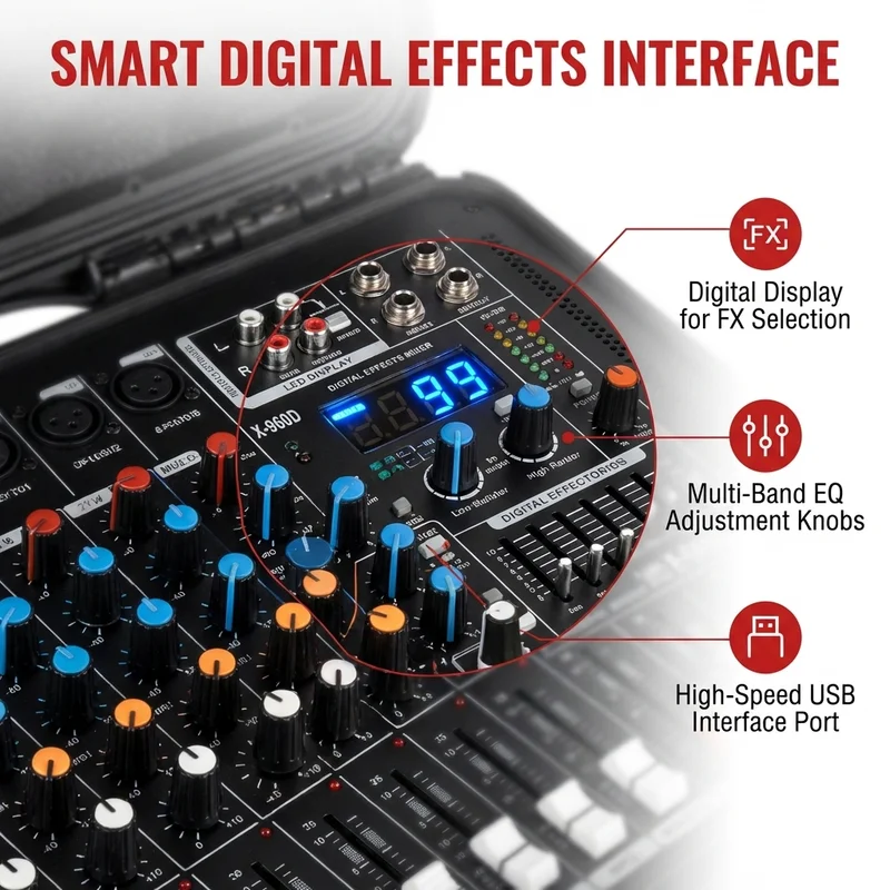 X-960D 8-channel Handheld Portable Audio Mixer, Supporting Dual 450W Passive Speaker Amplifier Output Console, 99 DSP Effects, 7-segment Equalizer, Fan Cooling Bluetooth DJ Mixing Console 4