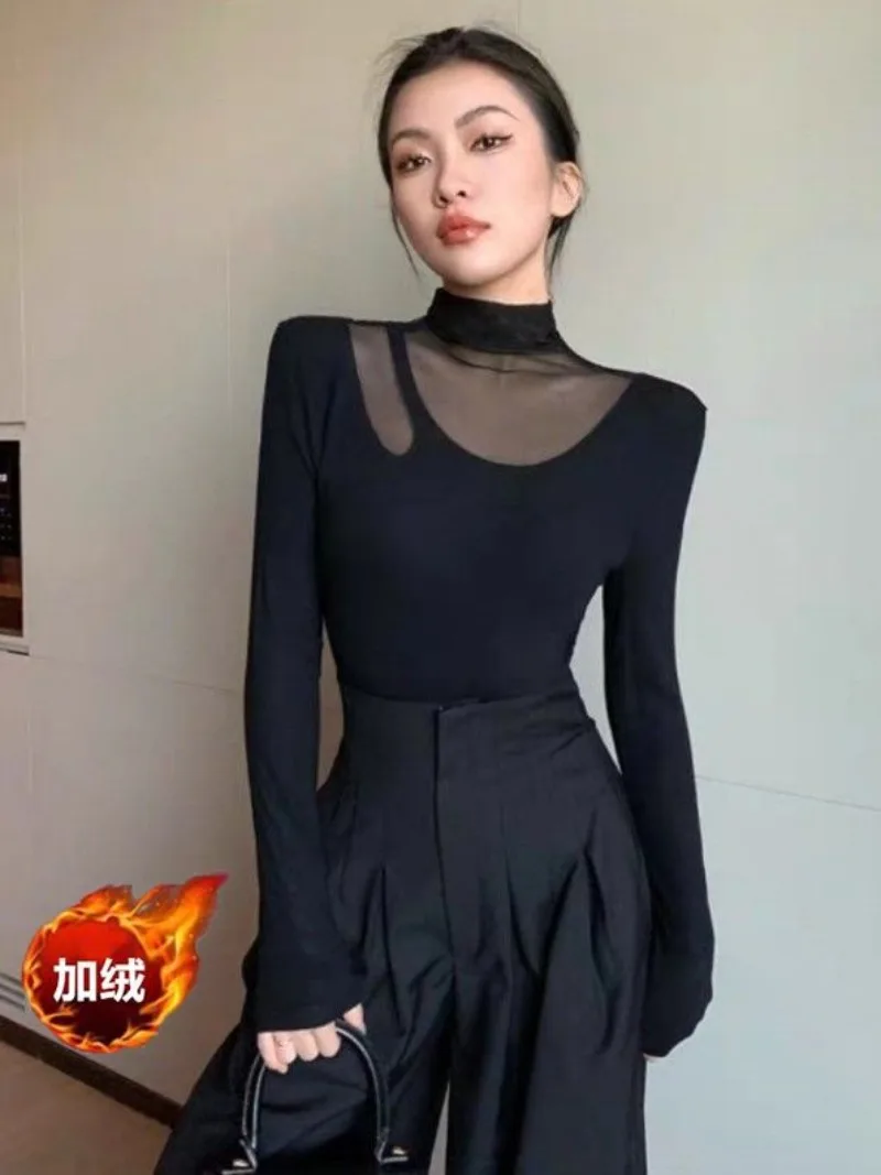 

Velvet Black Mesh Bottom Top for Women's Autumn and Winter Design Unique Spicy Girl Long Sleeved T-shirt Female Clothing