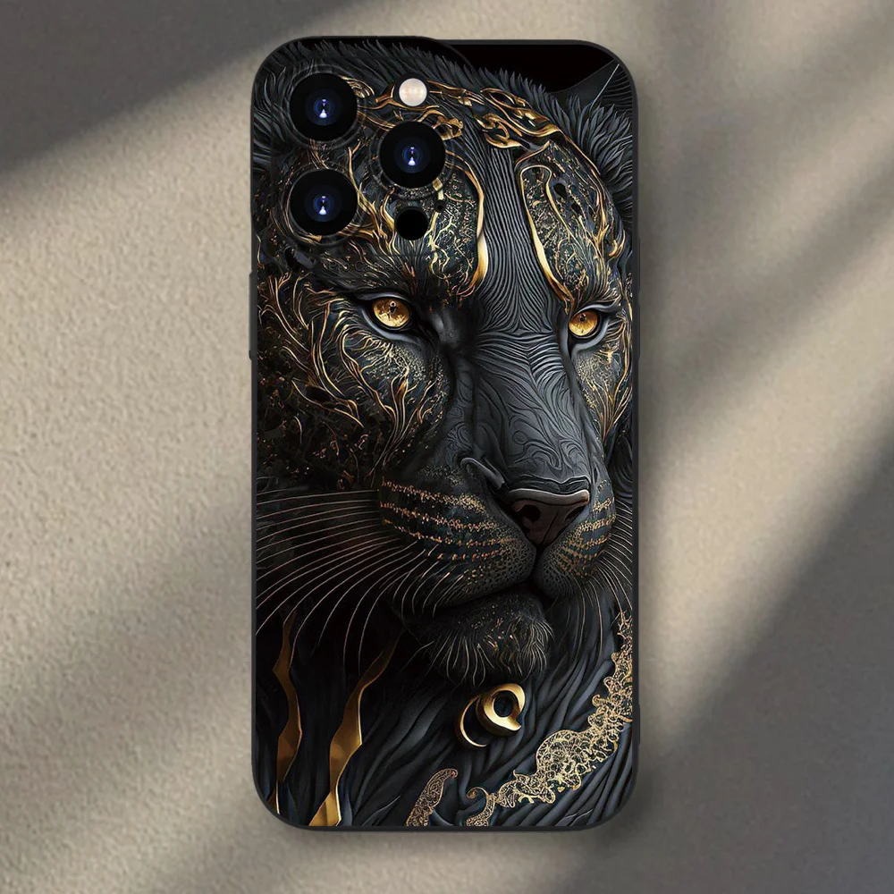 Golden Gilded Black Lion Pattern Phone Case - Luxury Protective Back Cover