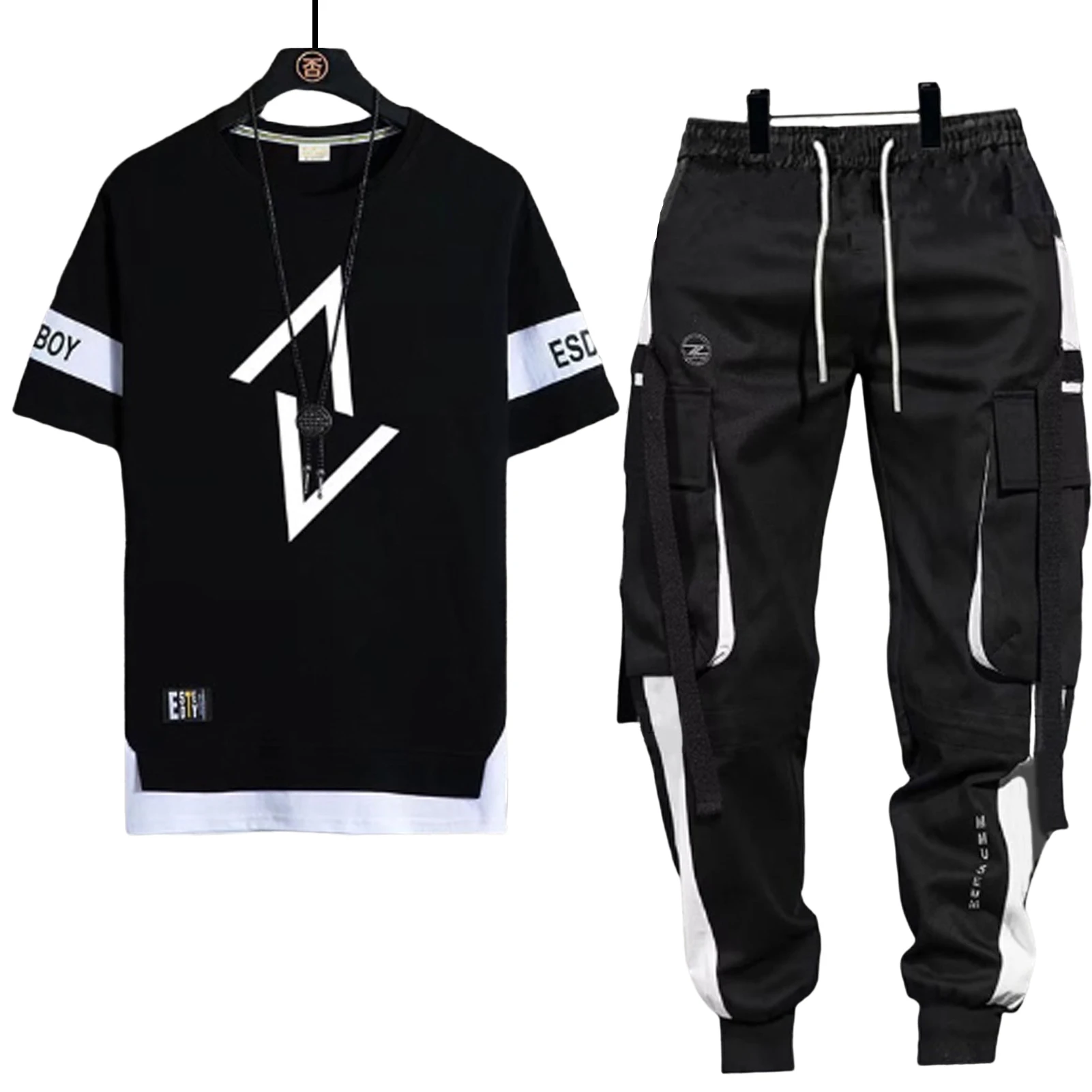 

2 Piece Top Pants Suit for Men Short-Sleeved T-Shirt Large Size Clothes for Outdoor Traveling Shopping Wear