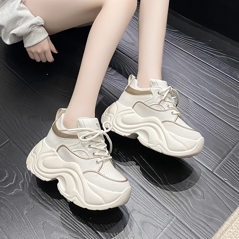 8CM Heels Autumn Chunky Sneakers for Women 2023 Platform Sports Breathable Leather Shoes Woman Lace-up Thick Bottom Dad Shoes