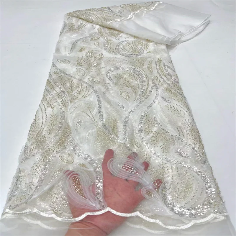 

Latest White African Sequin Lace Fabric Embroidery French Mesh Lace Fabric With Sequins Nigerian Tulle Lace For Party