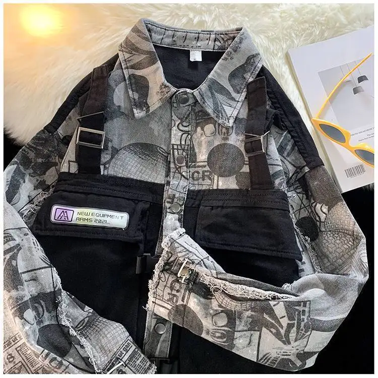 High Street Denim Jacket Men's Tooling Functional Wind Fake Two-piece Jacket Men's Spring and Autumn  Streetwear Women 2022 New fashion sweater jacket fake two pieces knitted denim patchwork cardigan men s autumn winter loose high quality knitwear coat