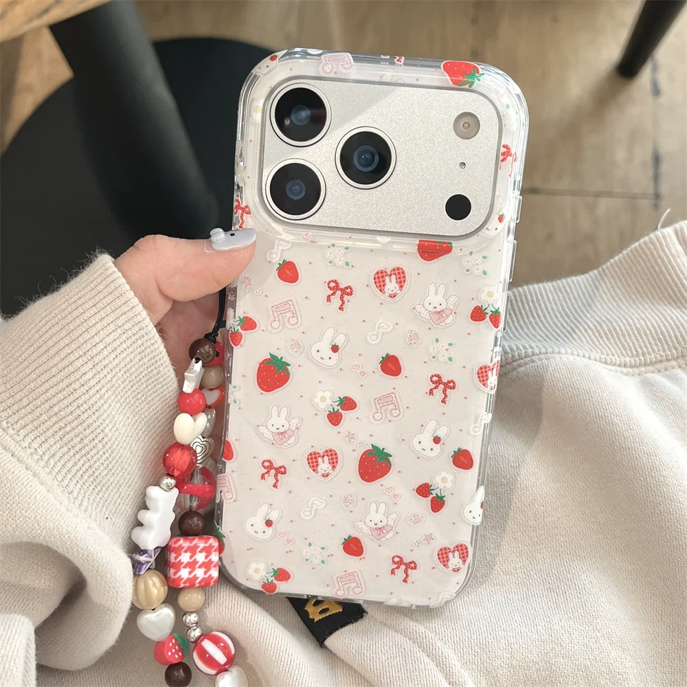 Cute Strawberry Rabbit Phone Case For iPhone 17 14 15 Pro 16 Pro Max Cover with Polka Dots Cartoon Shockproof Fundas with Hinge 4