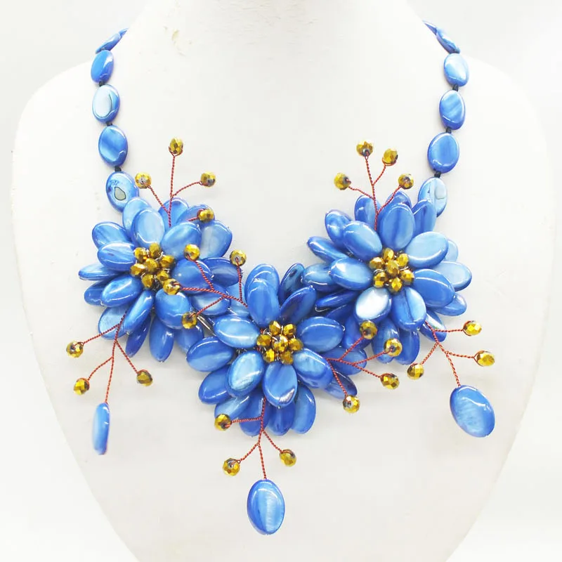 

Charming female flower necklace. Natural shells. Exclusive Royal Blue Jewelry