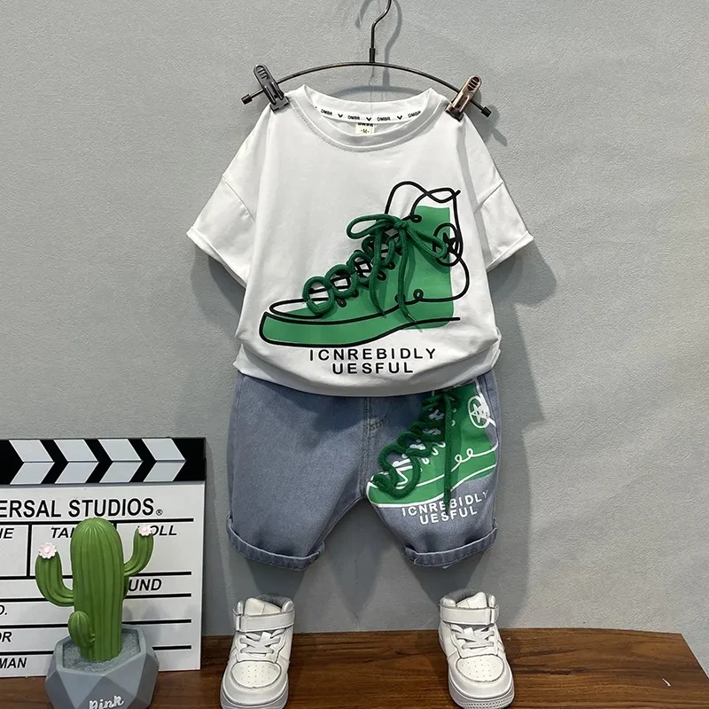 

Детский хлопковый комплект из 2 предметов, футболка с короткими рукавами и джинсовые шорты для мальчиков 2-10 лет, лето 2022