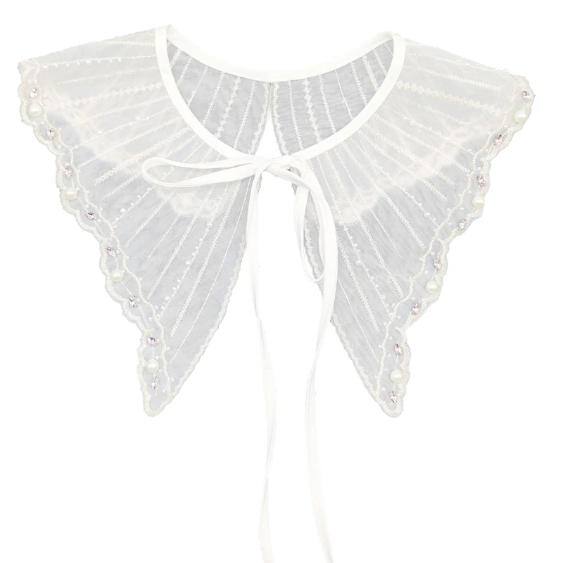 

Women Imitation Pearl Beaded Detachable Fake Collar Shawl Embroidery Striped Jewellery Necklace Lace-Up Bowknot Dropship