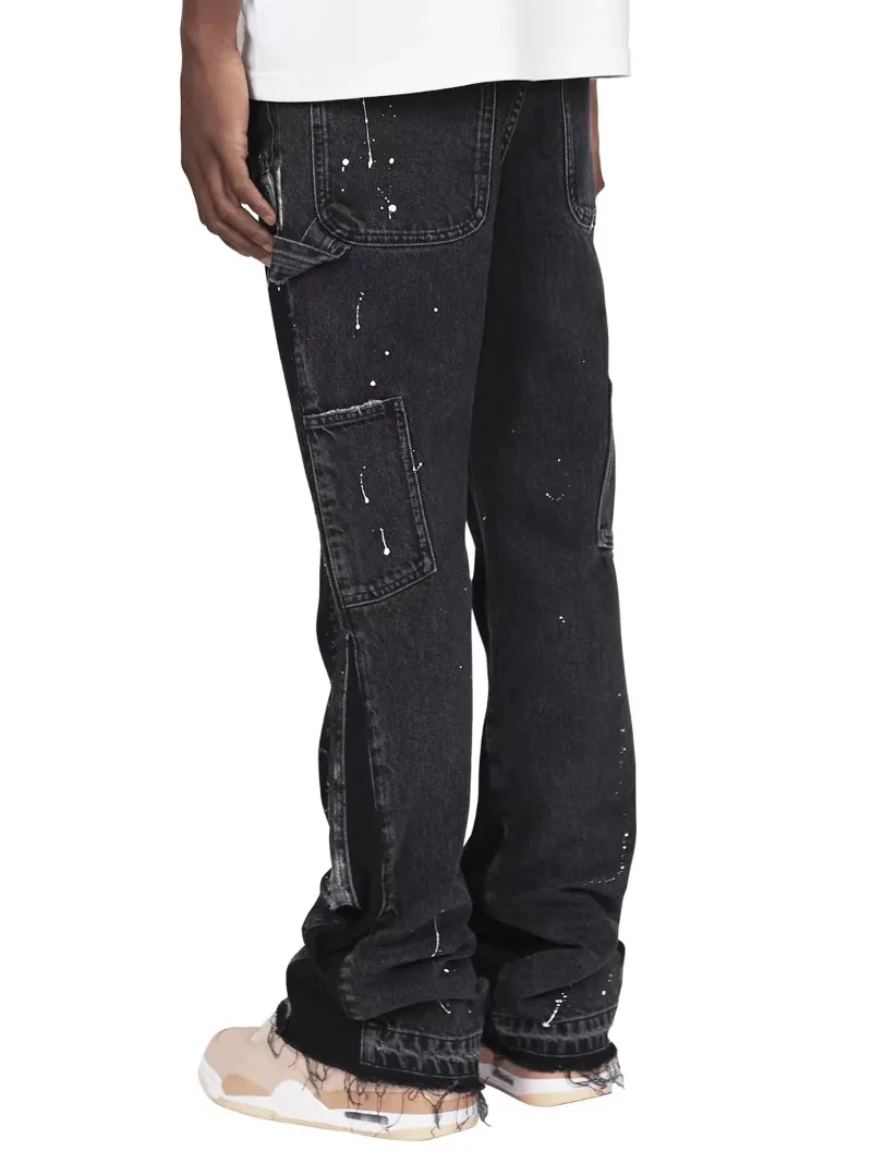 American retro design sense furred edge micro flared jeans men Y2k dark pants new low waist splicing elastic floor length pants 2