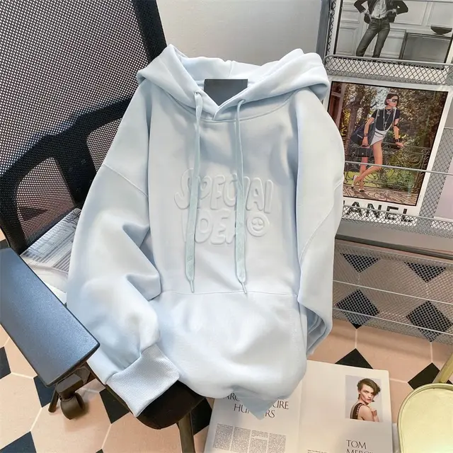 American Style Retro Sweet Baby Blue 3D Letter Hooded Sweater for Men and Women Spring and Autumn Fashion Solid Color Couple Top