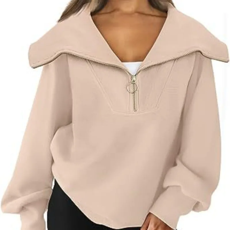 Autumn and Winter Women's Solid Color Pullover Lapel Zipper Long Sleeve Sports Hoodie Fashion Elegant Casual Office LadyTops