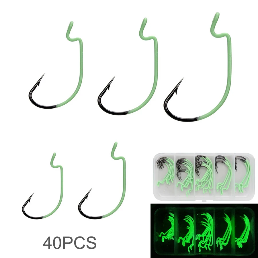

40pcs/box Storage Glow in Dark High Carbon Steel Crank Hooks Set, 2# 1# 1/0# 2/0# 3/0# Mixed Luminous Fishing Hooks
