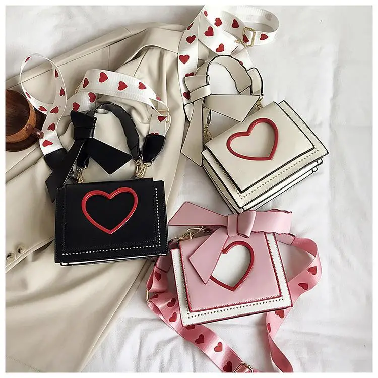 Xiuya Sweet Cute Womens Shoulder Bag Korea Wide Straps Heart Hollow Messenger Bag For Women Small Handbags Envelope Purse