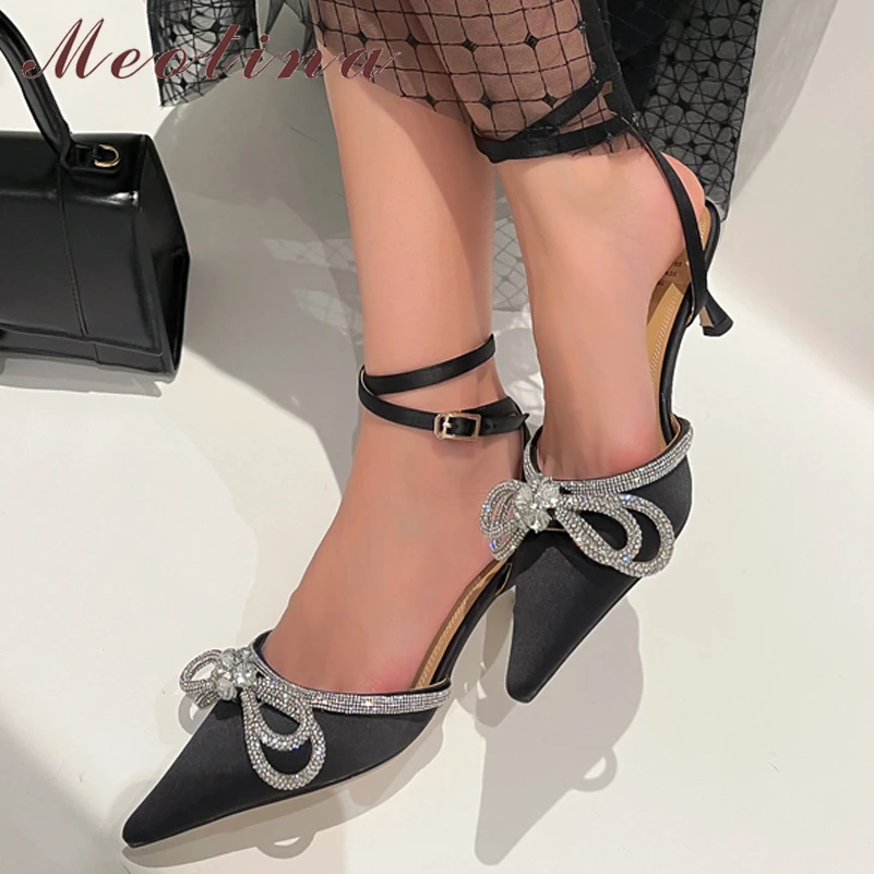 

Meotina Women Ankle Strap Pointed Toe High Heels Sandals Crystal Bow Buckle Strange Style Sandals Ladies Fashion Summer Shoes 40