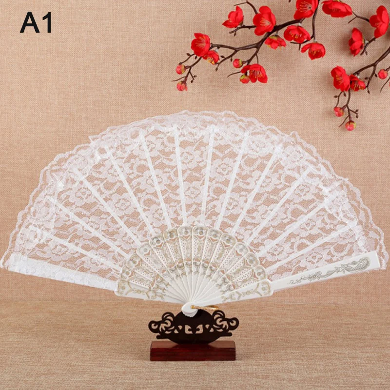 Ladies Lace Hand Fan Black White Cloth Folding Fans Spanish Victorian Hand Fan for Wedding Party Favor Gift Dance Ornament
