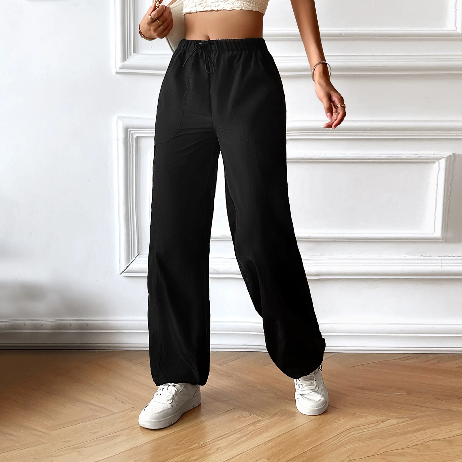 Phantasy Casual Pants Women Autumn Winter Loose Wide-Leg Trousers Solid Elastic Waist Streetwear with Pocket Fashion Bottom