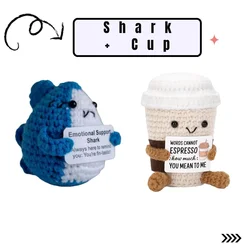Positive Energy Potato Hug Plush: Handmade Wool Knitting Doll with Card - Funny Christmas Gift & Home Decoration (Shark and cup)