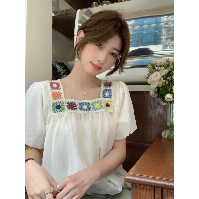 여성용 스퀘어 칼라 반팔 쉬폰 셔츠, 심플하고 루즈한, 스위트 자수, 단색, 캐주얼, 우아한 상의, 여름