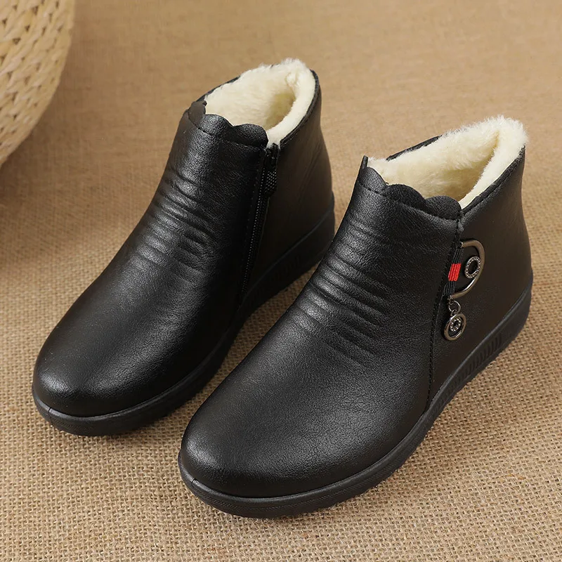 Winter Women Pu Leather Flat Casual Ankle Boots  Women Warm Fur Ankle Boots Mother Slip On Winter Shoes