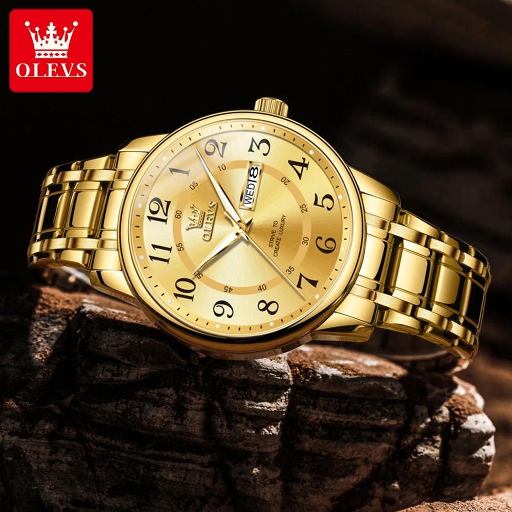 OLEVS Mens Watches Top Brand Luxury Gold Quartz Watch for Men Stainless Steel Waterproof Week Date Wristwatch Relogio Masculino
