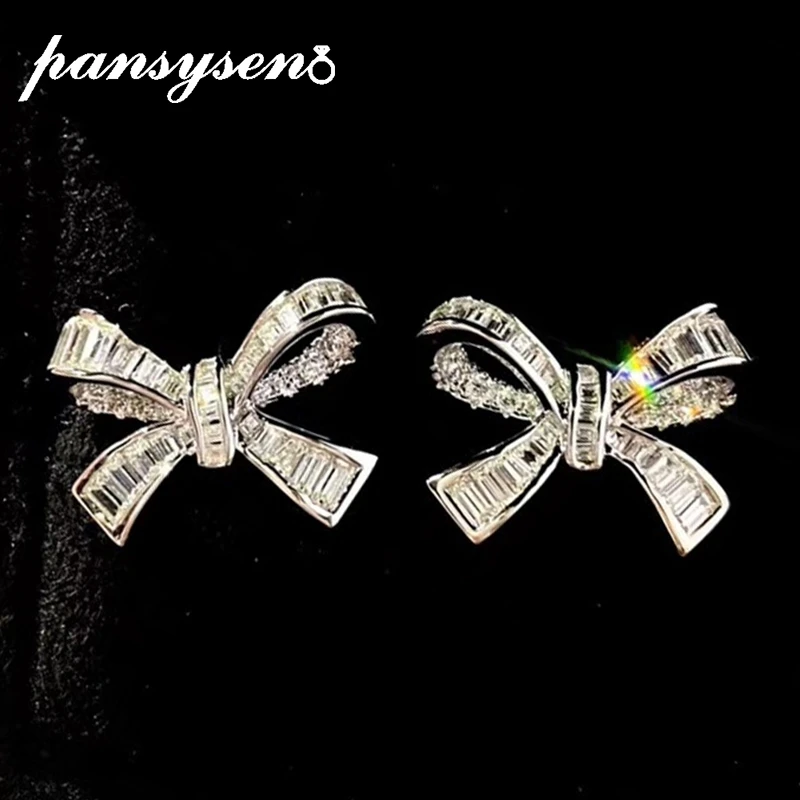 

PANSYSEN 100% 925 Sterling Silver Bow-knot Simulated Moissanite Diamond Wedding Party Stud Earrings for Women Fine Jewelry Gift