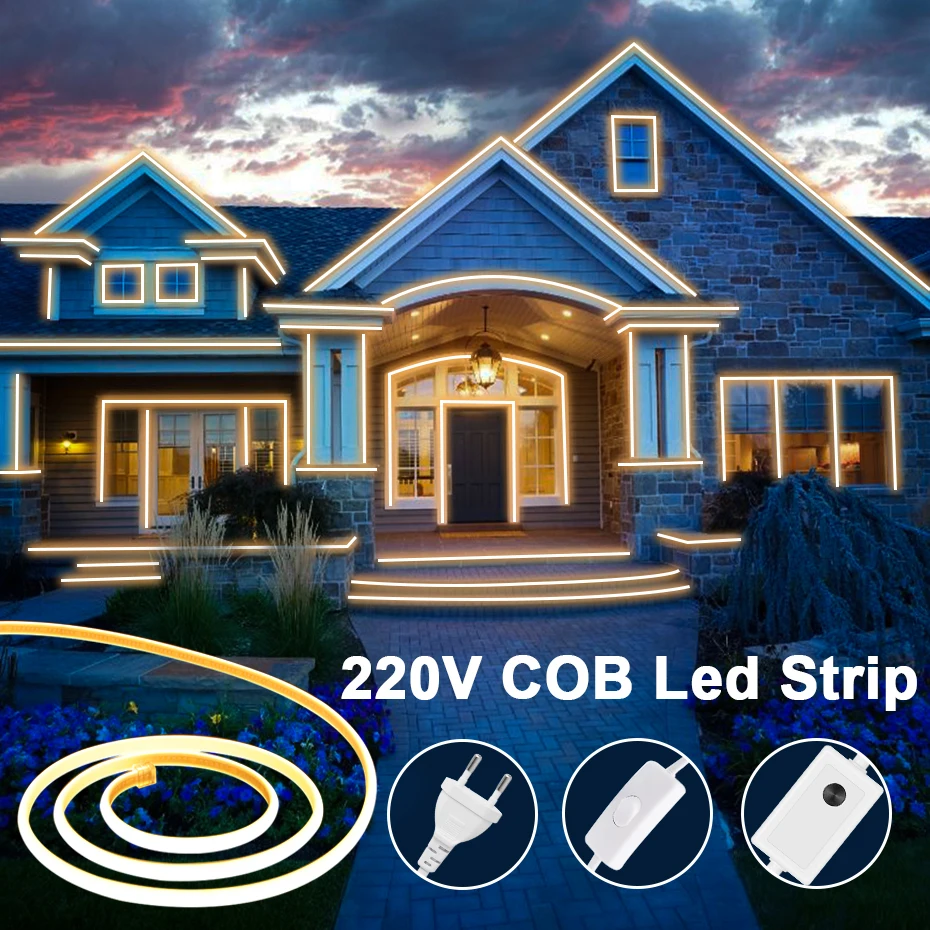 

COB LED Strip Light 220V 288 LEDs/M LED Tape 3000K 4500K 6000K With Switch/Dimmer EU Power Plug for Living Room Decoration