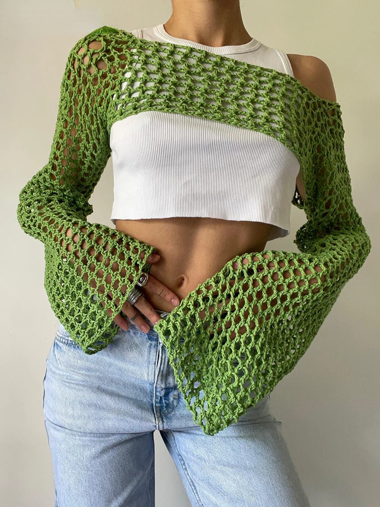 

2023 Summer Green Long Sleeve Smock Knitted Crop Top Women Y2k Beach Sexy Backless Hollow Out T Shirts Party Casual