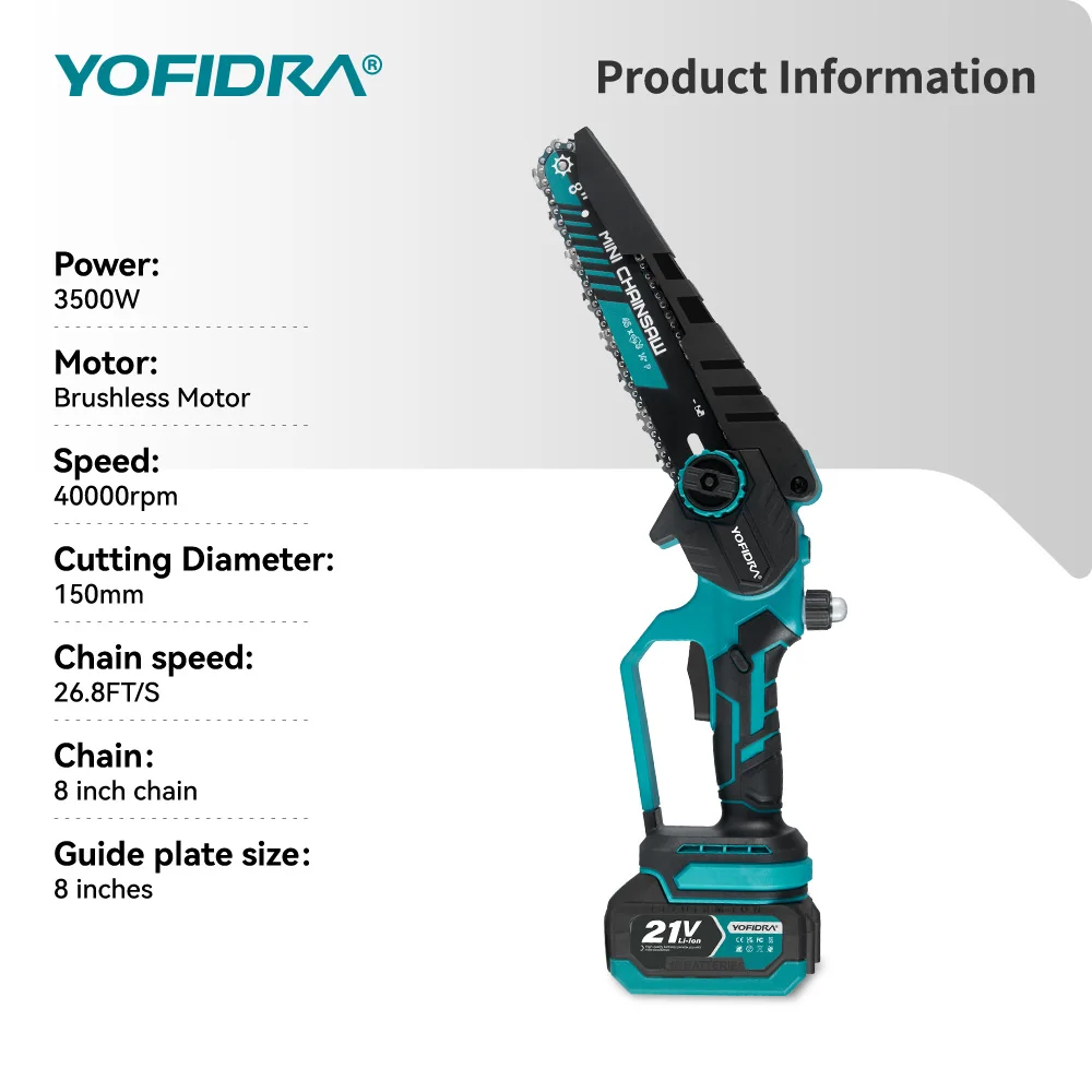 YOFIDRA 8 Inch Brushless Electric Chainsaw Cordless Woodworking Pruning Saw Garden Cutting Power Tool For Makita 21V Battery Pin — view 6