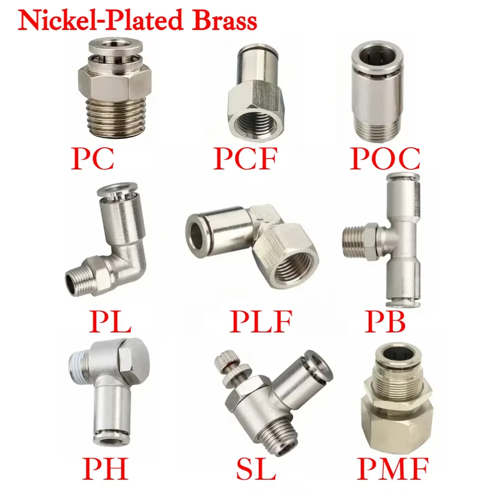 PC PB POC PL 4-16mm OD M5 M6 1/8" 1/4" 3/8" 1/2" BSP Copper Nickel Plating Push To Connect Pneumatic Air Fitting Quick Release