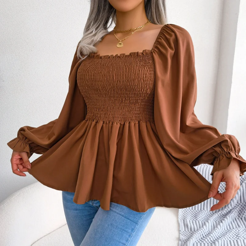 

2023 T-Shirts for Women Casual Wooden Ear Square Collar Long Sleeve Chiffon Shirt Women's Closing Free Shipping