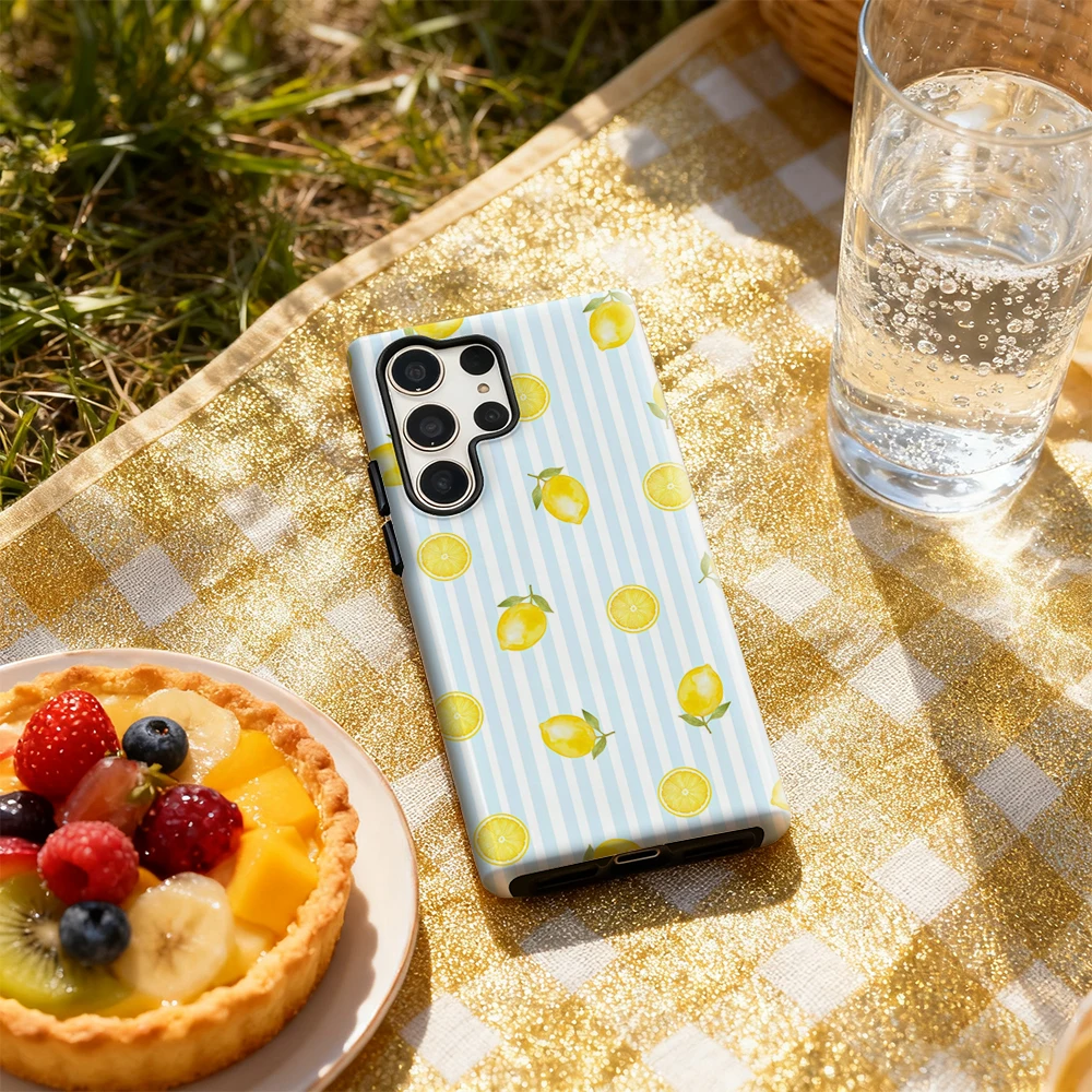 Lemon & Blue Stripes Glossy Double-Layer Phone Case